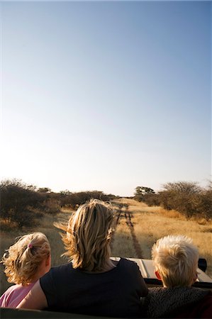 simsearch:862-03731896,k - Région de Erongo Damaraland, Namibie. Un jeune sit familial sur la plateforme ouverte d'un safari équipé de quatre roues motrices comme il pousse le long de la piste sablonneuse de coupe à travers la savane et la brousse. Photographie de stock - Rights-Managed, Code: 862-03365390