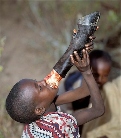 Ein kleiner Junge Samburu saugt Knochenmark vom Bein eines frisch geschlachteten Ochsen. Knochenmark ist eine viel gefragte Delikatesse. Stockbilder - Lizenzpflichtiges, Bildnummer: 862-03366061