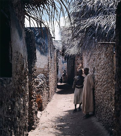 Une ruelle dans la ville de Lamu, où toutes les maisons sont construites de chiffon de corail et de chaume de makuti, fabriqué à partir de feuilles de palmier. Photographie de stock - Rights-Managed, Code: 862-03366179