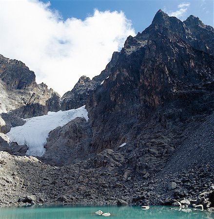 Tyndall Tarn,14,900 feet,nestles beneath the peaks of Mount Kenya - the highest,Batian,is 17,058 feet and on its right is Nelion at 17,022 feet. The glaciers are fast diminshing due to global warming. Foto de stock - Con derechos protegidos, Código: 862-03366228