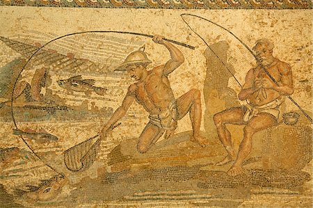 Stunning mosaic of fishermen originally from the Roman sites,now exhibited in the Tripoli museum,Libya. Stock Photo - Rights-Managed, Code: 862-03367191