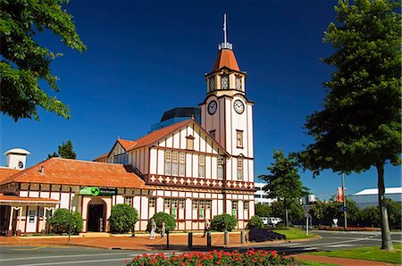 familiar sight - New Zealand,North Island,Rotorua,The Tourist Information Office building and mock tudor Clock Tower is a local landmark. Stock Photo - Rights-Managed, Code: 862-03360079