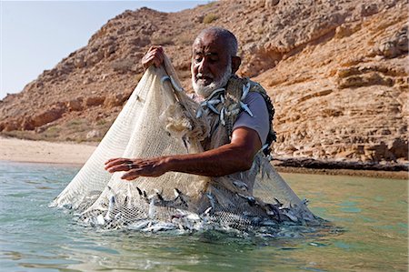 Oman, Mascate région, Bandar Khayran. Un vieux pêcheur des poissons pour les sardines avec un filet traditionnel d'une plage sur la côte près de Muscat Photographie de stock - Rights-Managed, Code: 862-03360329