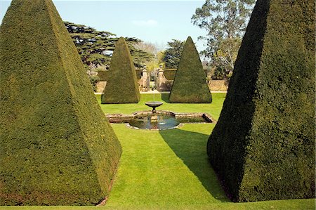 elizabethan style - England,Dorset. Athelhampton House is one of the finest examples of 15th century domestic architecture in the country. Medieval in style predominantly and surrounded by walls,water features and secluded courts. Here the topiary of the Great Court is a masterpiece of Francis Inigo Thomas. Stock Photo - Rights-Managed, Code: 862-03437059