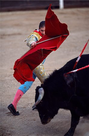 Matador aiguillons le taureau à charger avec son cap pendant une corrida en Autol. En l'honneur des jour Fiesta femmes, c'est une femelle matadora. Photographie de stock - Rights-Managed, Code: 862-03437371