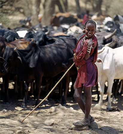 A young Maasai herdsboy controls his family's cattle at the Sanjan River to prevent too many animals watering at the same time. Stock Photo - Rights-Managed, Code: 862-03437402