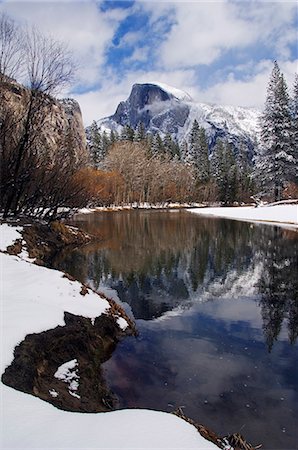 simsearch:614-02739844,k - USA,California,Yosemite National Park. A reflection of Half Dome peak in the Merced River after fresh snow fall in Yosemite Valley. Stock Photo - Rights-Managed, Code: 862-03437441