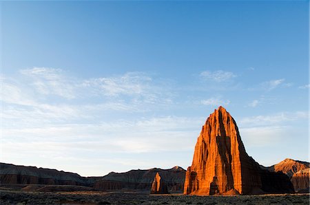 simsearch:862-03437448,k - USA,Utah,Capitol Reef National Park. Cathedral Valley sunrise at the Temple of the Sun and smaller Temple of the Moon Stock Photo - Rights-Managed, Code: 862-03437624