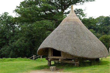 UK,Wales,Pembrokeshire. Re-created granary,an Iron Age Celtic Roundhouse built on the original foundations,showing thethatched roof and wattle & daub walls at Castell Henlly,an Iron Age Fort near Newport. Fotografie stock - Rights-Managed, Codice: 862-03437816