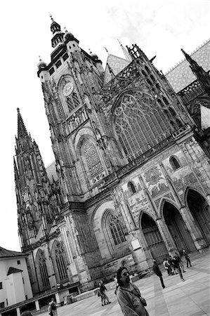 european buildings black and white - Czech Republic, Prague. St. Vitus Cathedral. This Gothic Cathedral stands in the centre of Prague Castle, overlooking the city. Stock Photo - Rights-Managed, Code: 862-03710815
