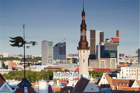 simsearch:862-03711077,k - Estonia, Tallinn, View Of Town Hall Spire With Skyscrapers Of Business District In Background Stock Photo - Rights-Managed, Code: 862-03711081