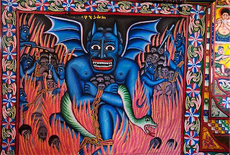 Ethiopia, Lake Tana. Brightly-coloured murals depict religious scenes in Beta Giorgis Monastery. Foto de stock - Con derechos protegidos, Código: 862-03711150