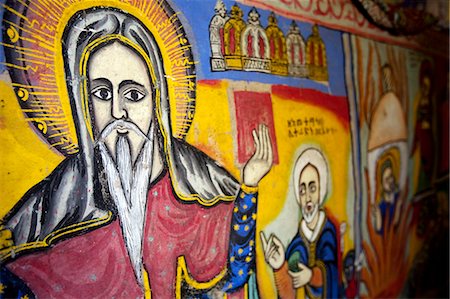 Ethiopia, Lake Tana. Brightly-coloured murals depict religious scenes in Beta Giorgis Monastery. Foto de stock - Con derechos protegidos, Código: 862-03711152
