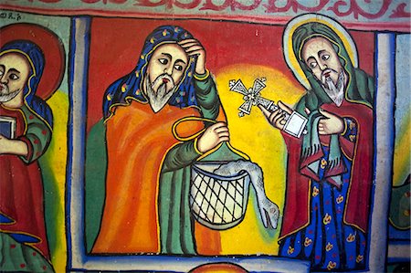 Ethiopia, Lake Tana. Brightly-coloured murals depict religious scenes in Beta Giorgis Monastery. Foto de stock - Con derechos protegidos, Código: 862-03711153