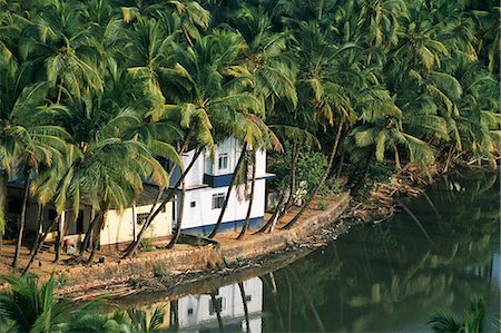 Une maison donne sur un lagon bordée de palmiers Photographie de stock - Rights-Managed, Code: 862-03711858