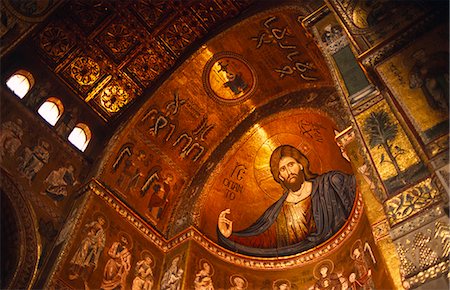 Italy,Sicily,Palermo,Monreale. The Cathedral of Monreale - the interior Mosaics. The cathedral is one of the masterpieces of Norman-Sicilian architecture,begun in 1174 by William II of Sicily. The cathedral has fine copper doors by Bonanno Pisano and its interior is decorated with exceptional Byzantine mosaics. Stock Photo - Rights-Managed, Code: 862-03712374