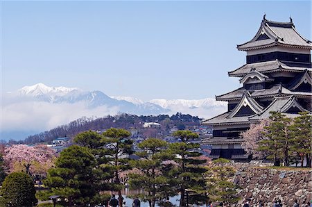 Le château de Matsumoto et douves, pins, fleur de cerisier de printemps et snow capped montagnes Photographie de stock - Rights-Managed, Code: 862-03712496