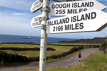 Tristan Da Cunha Island, settlement capital of Edinburgh. A sign post indicating its nearest neighbours, the Falklands. Stock Photo - Rights-Managed, Code: 862-03713754