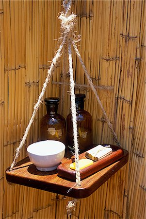 safari lodges - Tanzania, Katavi National Park.  Soap, shampoo and other washing items provided in a guest shower at Chada Camp. Stock Photo - Rights-Managed, Code: 862-03713920