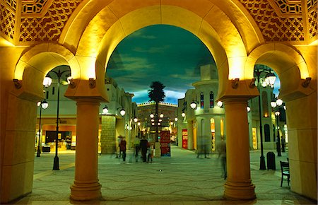 simsearch:841-03674680,k - United Arab Emirates (or UAE), Dubai. False skies lend an outdoor atmosphere to Tunisia Court in the Ibn Battuta Shopping Mall. Stock Photo - Rights-Managed, Code: 862-03713967