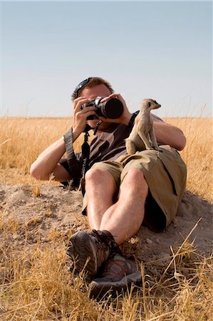 Botswana, Makgadikgadi. A young man photographs a meerkat that sits on his leg Foto de stock - Con derechos protegidos, Código: 862-03736349