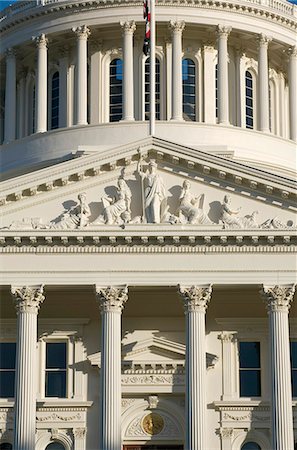 United States, California; Sacramento. West facade of the State Capitol building showing a close-up of the triangular pediment. Stock Photo - Rights-Managed, Code: 862-03737414