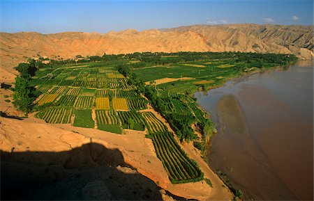 simsearch:862-06676187,k - China, Ningxia Province, Zhongwei, Shapotou. Lush village fields beside the Yellow River contrast with the Tenger Desert. Stock Photo - Rights-Managed, Code: 862-03731124