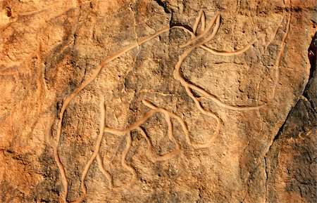 simsearch:862-06676417,k - Libya, Fezzan, Messak Settafet. A petroglyph of a rhinoceros stands among the rocky outcrops of Wadi Mathendusch Foto de stock - Con derechos protegidos, Código: 862-03731768