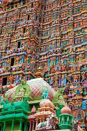 India, Madurai. The stunning and newly renovated carvings on the Meenakshi Sundereshwara Temple. Stock Photo - Rights-Managed, Code: 862-03807545