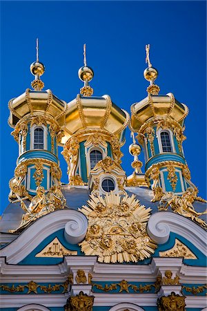 pushkin - Russia, St Petersburg, Catherine Palace, Tsarskoe Selo.  The lavish imperial palace at Tsarskoe Selo was designed by Rastrelli in1752 for Tsarina Elizabeth.  She named it the Catherine Palace in honour of her mother. Stock Photo - Rights-Managed, Code: 862-03808213