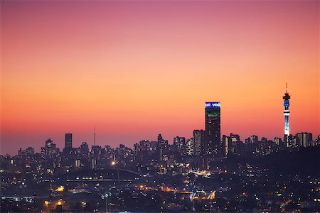 skyscaper and africa - View of Johannesburg skyline at sunset, Gauteng, South Africa Stock Photo - Rights-Managed, Code: 862-03808279