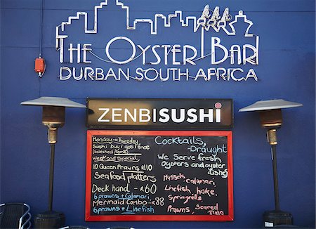 Menu of oyster restaurant on Wilson's Wharf, Victoria Embankment, Durban, KwaZulu-Natal, South Africa Stock Photo - Rights-Managed, Code: 862-03808455