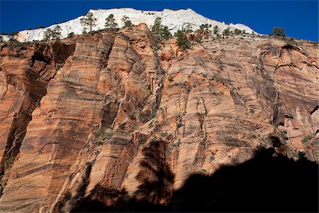 sedimentary rock - USA, Utah, Zion National Park.  The park dominated by magnificent sandstone geology and view from the Angels Landing viewpoint, known earlier as the Temple of Aeolus, and one of the parks highest viewpoints Stock Photo - Rights-Managed, Code: 862-03808755