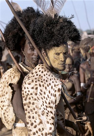 A Dassanech man in full tribal regalia participates in a dance during a month long ceremony. He wears a cheetah skin draped on his backs and a black ostrich feather headdress. He dances holding a long stick and a simulated shield.His face is smeared with mud giving him a singular appearance. Stock Photo - Rights-Managed, Code: 862-03820350