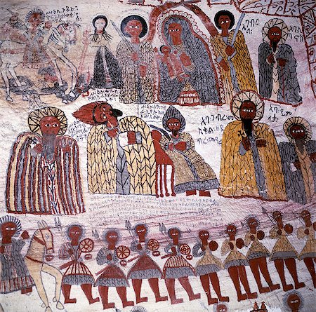 ethiopia - Fine murals decorate the interior of the rock hewn church of Yohannes Maequddi, a two hour walk from Degum on a plateau of the Gheralta Mountains east of Debretsion.The spacious rectangular interior is best known for its ancient, well-preserved murals and paintings. Stock Photo - Rights-Managed, Code: 862-03820375