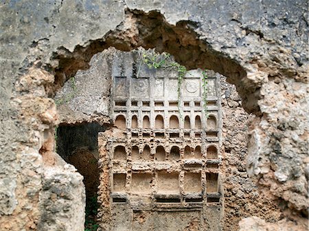 simsearch:862-03820754,k - The ruins of a large Swahili house on the outskirts of modern Pate Village. Of coral construction, the inner wall features decorated niches, called zidaka, in which Swahili women traditionally put their imported Chinese porcelain and bowls. The tradition of fine plasterwork in the region survives to this day. Stock Photo - Rights-Managed, Code: 862-03820751