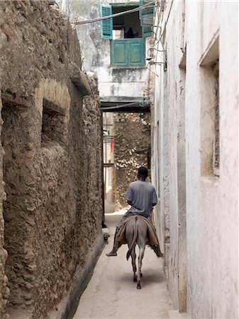 donkey ride - A man rides a donkey sidesaddle through one of the narrow streets of Lamu town. In the absence of vehicles, which are banned in the island, donkeys are the principal means of transport and carrying heavy loads.Situated 150 miles north northeast of Mombasa, Lamu town dates from the 15th century AD. Stock Photo - Rights-Managed, Code: 862-03820762