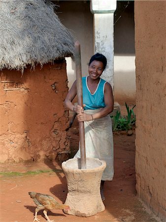 A Malagasy woman grinds corn using a wooden pestle and mortar at an attractive Malagasy village of the Betsileo people who live southwest of the capital, Antananarivo.Most houses built by the Betsileo are double storied with kitchens and living quarters located on the first floor.Livestock is often kept in the ground floor of a house overnight. Stock Photo - Rights-Managed, Code: 862-03820825