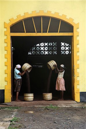 sao tome - Une femme de Sao Tomense passe au crible la poussière provenant des fèves de cacao à l'usine de cacao dans le village d'Agua Ize.The idée est que vent prendra la poussière depuis les haricots comme ils sont versés à plusieurs reprises entre les deux paniers. Photographie de stock - Rights-Managed, Code: 862-03820942