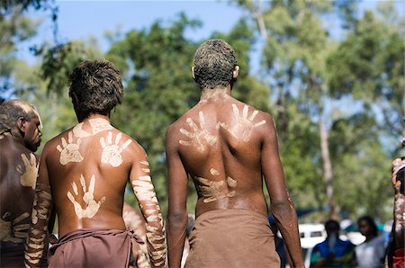 Australia, Queensland, Laura.  Indigenous dancers with handprint decorations on back. Stock Photo - Rights-Managed, Code: 862-03887278