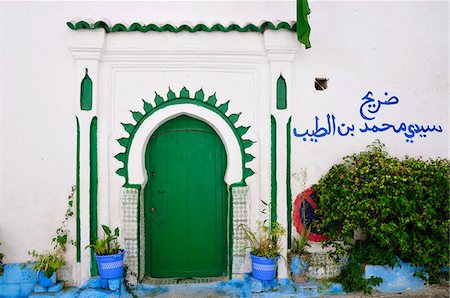 Green door and flowers of the Tanger medina. Morocco Foto de stock - Con derechos protegidos, Código: 862-03888925