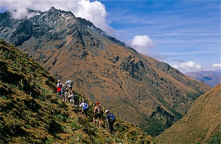 expedition - Peru, Andes, Cordillera Vilcabamba, Salkantay (or Salcantay) Trail. Trekkers head towards a small glacier lake at the foot of 5660m high Nevado Tucarhuay near Soraypampa. Stock Photo - Rights-Managed, Code: 862-03888968