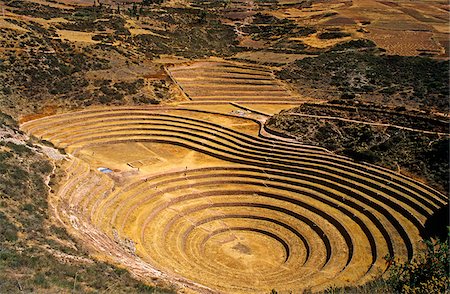 Peru, Andes, Cordillerra Urubamba, Urubamba, Moray. Striking Inca terraces - believed to have been a kind of crop nursey - fill an amphitheatre-like bowl in the hills near Maras. Stock Photo - Rights-Managed, Code: 862-03888971