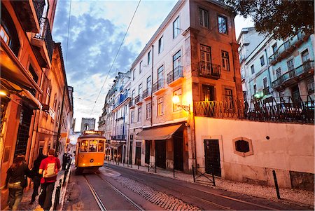simsearch:862-05998971,k - Tramway in the Alfama district at dusk. Lisbon, Portugal Stock Photo - Rights-Managed, Code: 862-03889020