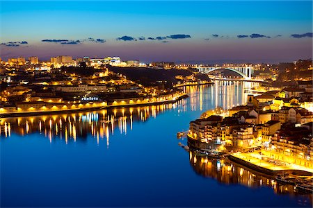 skyline at night with sunset - Oporto, capital of the Port wine, with the Douro river at sunset, Portugal Stock Photo - Rights-Managed, Code: 862-03889185
