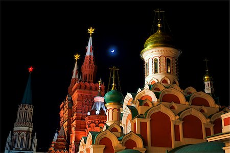 Moscow, Russia; Kazan Cathedral and towers from the History Museum in Red Square at night Stock Photo - Rights-Managed, Code: 862-03889444