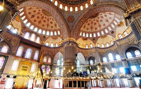 The interior of Sultan Ahmed Mosque (Blue Mosque), by architect Mimar Sinan, now a UNESCO World Heritage Site. Istanbul, Turkey Stock Photo - Rights-Managed, Code: 862-03889901