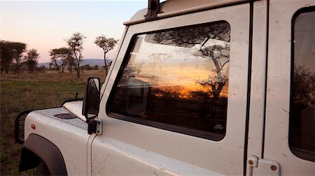 serengeti national park - Tanzania, Serengeti. Sunrise over the bush is reflected in the window of a Land Rover. Foto de stock - Con derechos protegidos, Código: 862-03890057