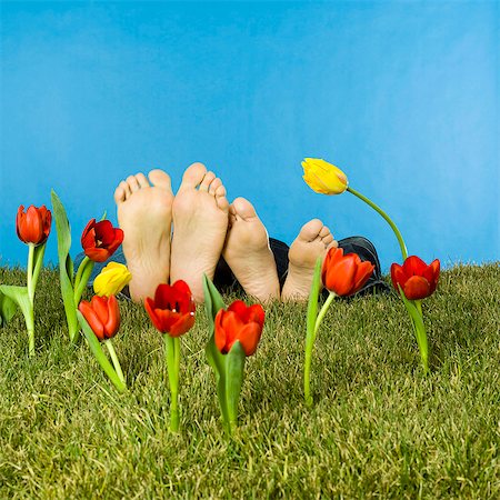 sleeping man foot - Barefoot couple lying in lawn, fake tulips Photographie de stock - Rights-Managed, Code: 877-06834179