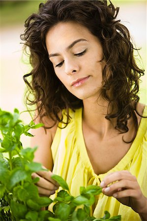 simsearch:877-06833087,k - Young woman looking at basil leaves, oudoors Foto de stock - Con derechos protegidos, Código: 877-06832236